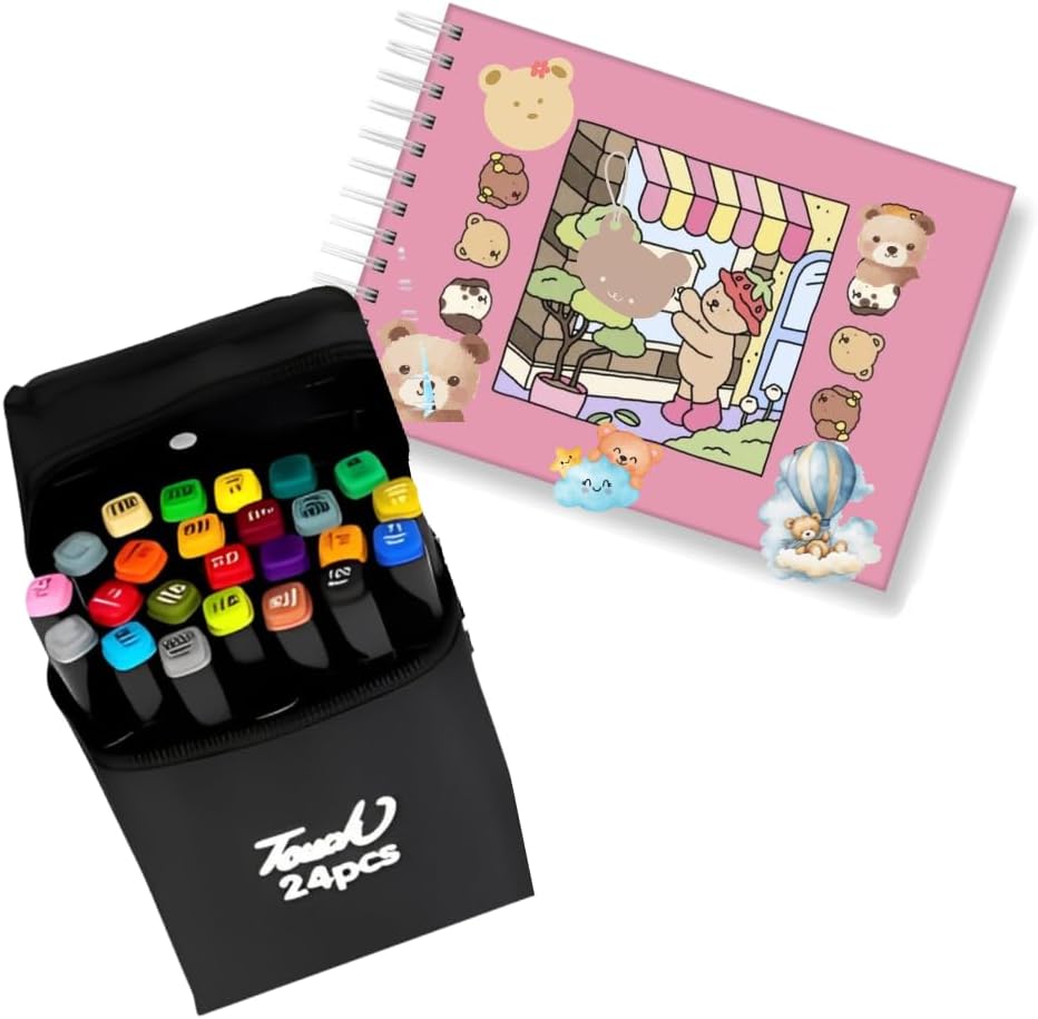 Livro de Colorir Bobbie Goods Capa Dura + Kit 24 Canetinhas Ponta Dupla