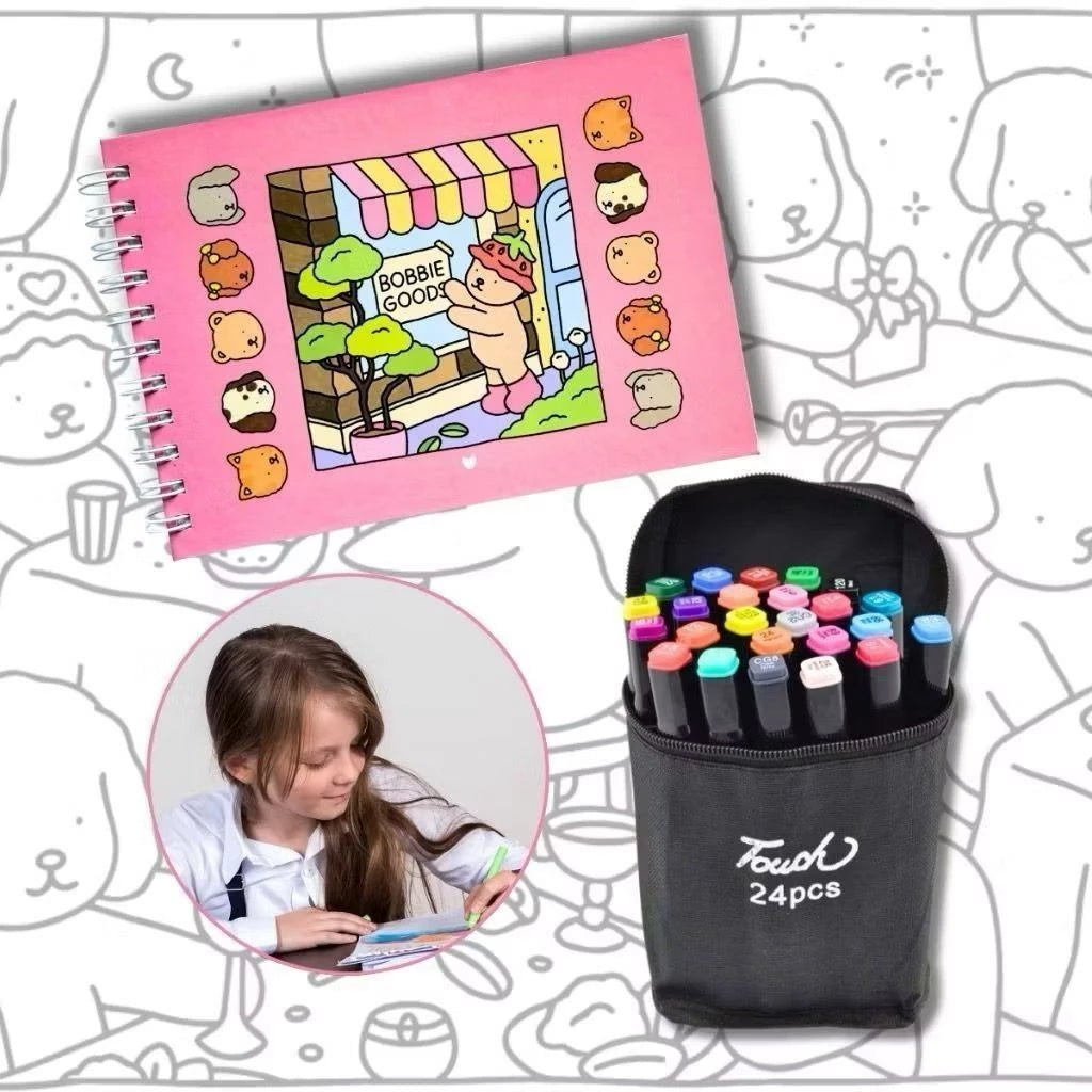 Livro de Colorir Bobbie Goods Capa Dura + Kit 24 Canetinhas Ponta Dupla