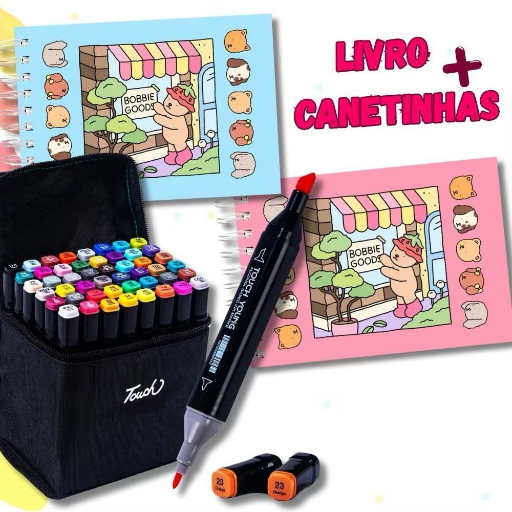 Livro de Colorir Bobbie Goods Capa Dura + Kit 24 Canetinhas Ponta Dupla